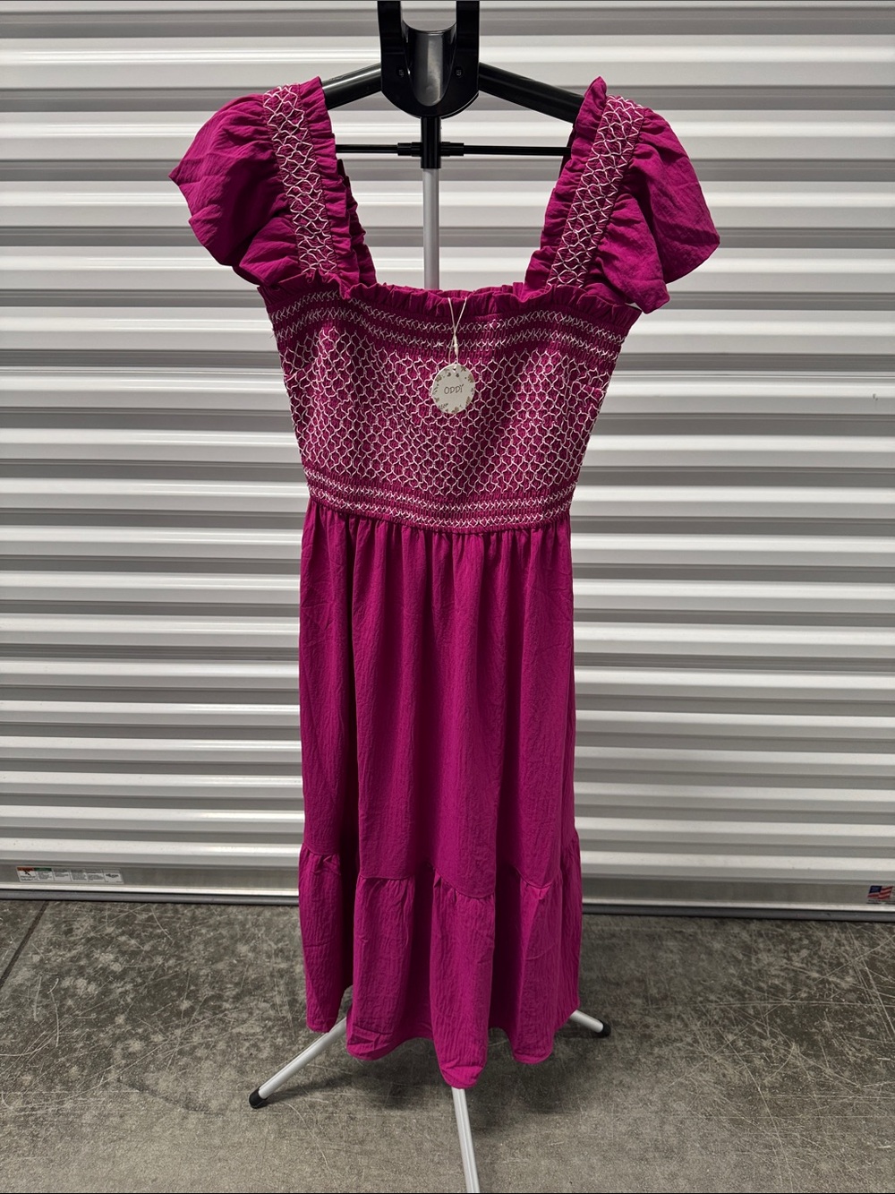 ODDY Magenta Smocked Midi Dress with Puff Sleeves